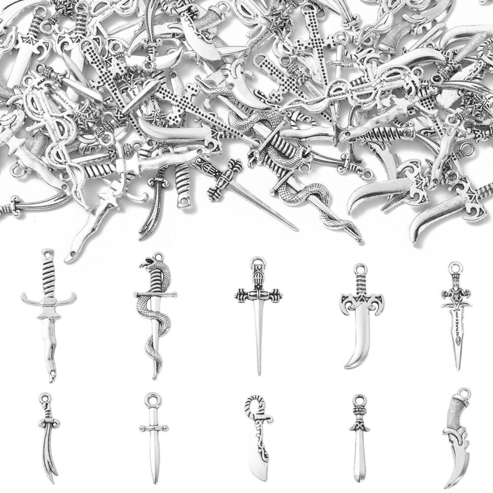 9396 100 Pcs 10 Styles Vintage Alloy Sword Connector Charms Antique Silver